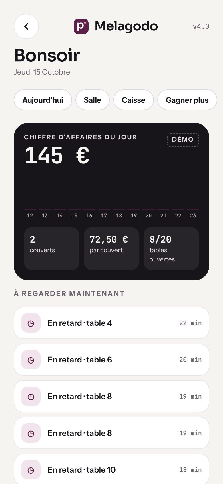 Le tableau de bord du gérant sur téléphone